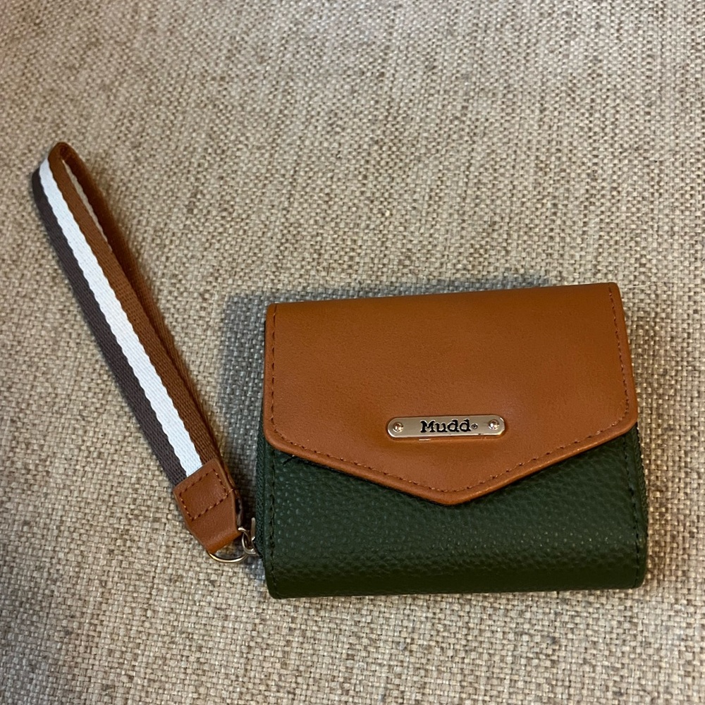 Mudd brown and green leather wallet with strap